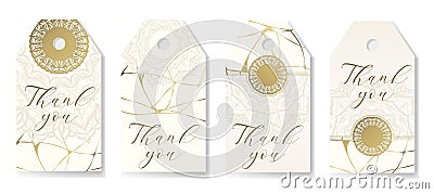 Set of 4 backgrounds with golden kintsugi design and mandala for thank you tags, wedding tags, birthday tags, labels Vector Illustration