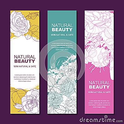 Set of backgrounds for label or package. Sketch hand drawn illustration of rose flowers on watercolor background. Vector Illustration