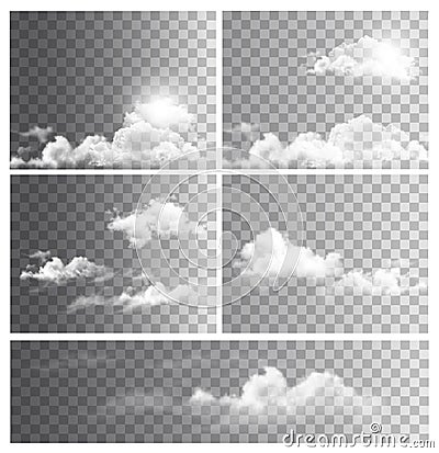 Set of backgrounds with transparent different clouds. Vector Illustration