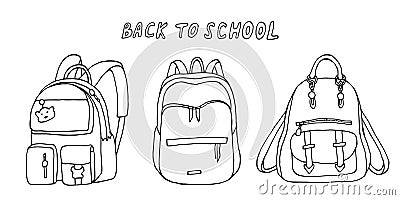 A set of backpacks for study. Back to school. For kids full school bags with study supplies. Doodle style. Vector Illustration