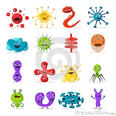 Set of bacteria characters. Cartoon vector illustration. Microbiology Vector Illustration