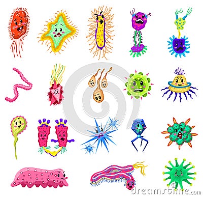 Set of bacteria characters. Cute germ and micro Microbe funny infection and virus. Funny bad emotions. Cartoon Color Vector Illustration