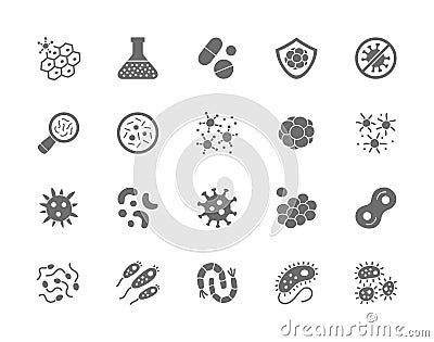 Set of Bacteria Grey Icons. Microbe, Germ, Cell, Caviar, Immune System and more. Vector Illustration