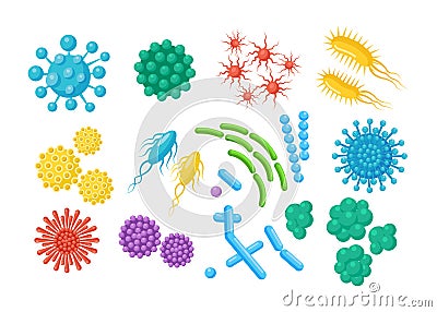 Set of bacteria, microbes, virus, germs. Disease-causing object isolated on background. Bacterial microorganisms, probiotic cells Vector Illustration