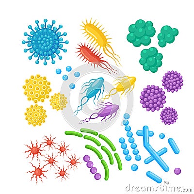 Set of bacteria, microbes, virus, germs. Disease-causing object isolated on background. Bacterial microorganisms, probiotic cells Vector Illustration
