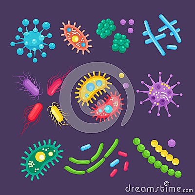Set of bacteria, microbes, virus, germs. Disease-causing object isolated on background. Bacterial microorganisms, probiotic cells Vector Illustration