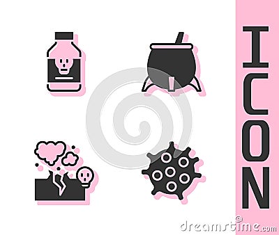 Set Bacteria, Poisoned pill, Poisonous cloud of gas or smoke and Witch cauldron icon. Vector Vector Illustration