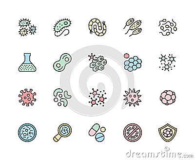 Set of Bacteria and Virus Color Line Icons. Microbe, Germ, Cell, Caviar and more Vector Illustration