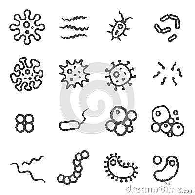 Set of Bacteria Vector Line Icons. Virus, Colony of Bacteria, Petri Dish, Disease, germ, microbe and more. Vector Illustration