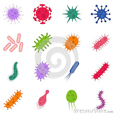 set of bacteria and virus vector illustration in flat style. Disease-causing bacterias, viruses and microbes Cartoon Illustration