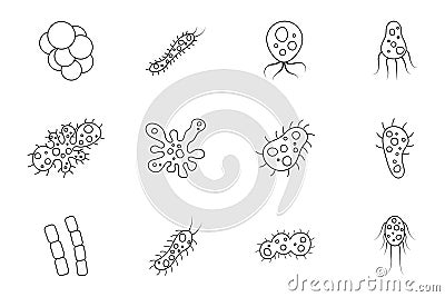 set of bacteria and virus vector illustration in outline style. Disease-causing bacterias, viruses and microbes Cartoon Illustration