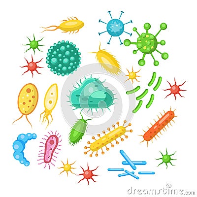 set of bacteria, viruses, germs, microbes volume 5. microbiology organism isolated design, probiotics cell. vector illustration Vector Illustration