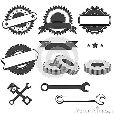 Set of badge, emblem, logotype element for mechanic, garage, car repair, auto service Vector Illustration