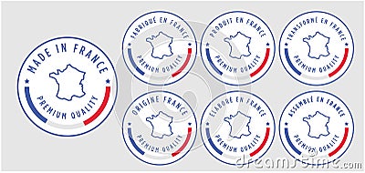 Set badge logotype of Made in France badge with ribbon and flag on white background, modern color symbol logo for packaging Vector Illustration