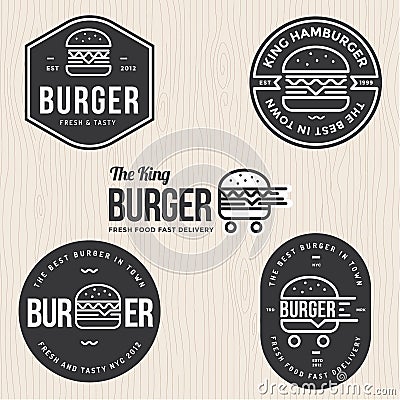 Set of badges, banner, labels and logo for hamburger, burger shop. Simple and minimal design. Vector Illustration