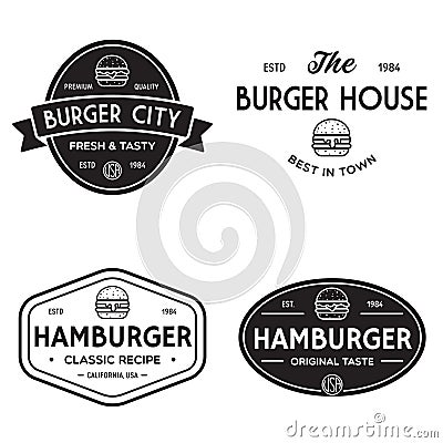 Set of badges, banner, labels and logo for hamburger, burger shop. Simple and minimal design. Vector illustration Vector Illustration