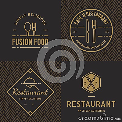 Set of badges, banner, labels and logos for food restaurant, foods shop and catering with seamless pattern. Vector Illustration