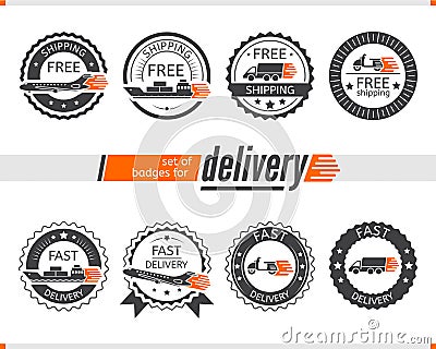 Set of badges for delivery transport, truck, ship, plane, scooter Vector Illustration