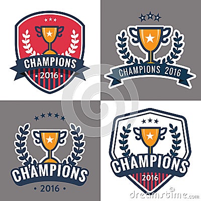 Set of badges, emblem and logos for Champion sports league with trophy. Vector Illustration