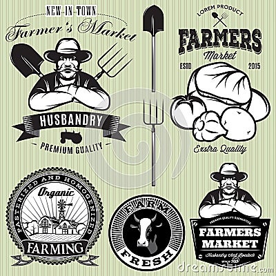 Set badges with the farmer and vegetables for the farmers shop Vector Illustration