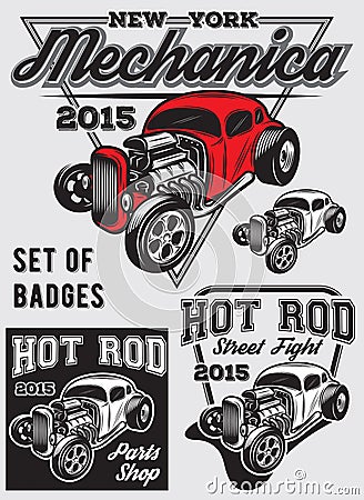 Set of badges with Hot Rod Vector Illustration