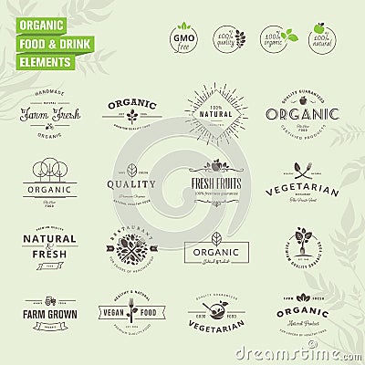 Set of badges and labels elements for organic food Vector Illustration