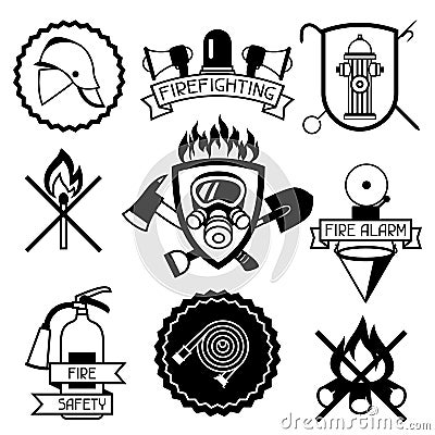 Set of badges and labels with firefighting items. Fire protection equipment Vector Illustration