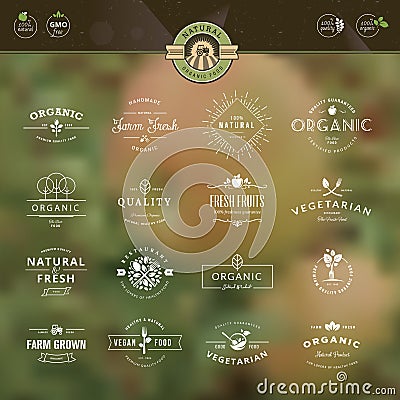 Set of badges and labels for organic food and drin Vector Illustration