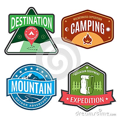 Set badges mountain expeditions and logo emblem adventure outdoors Vector Illustration