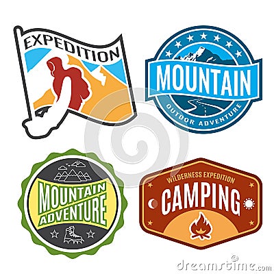 Set badges mountain expeditions and logo emblem adventure outdoors Vector Illustration