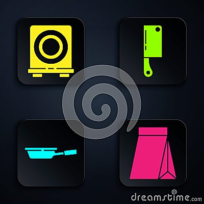 Set Bag of coffee beans, Electric stove, Frying pan and Meat chopper. Black square button. Vector Vector Illustration