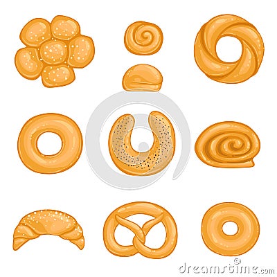 A set of baked goods bagel,croissant, roll, bun with poppy seeds. Vector illustration Vector Illustration