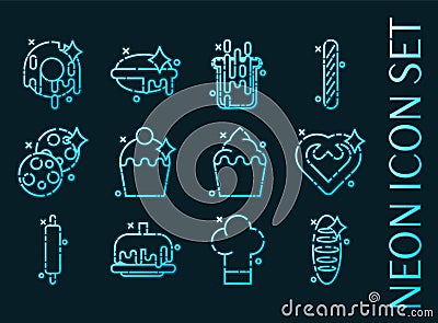 Set of Bakery blue glowing neon icons. Vector Illustration