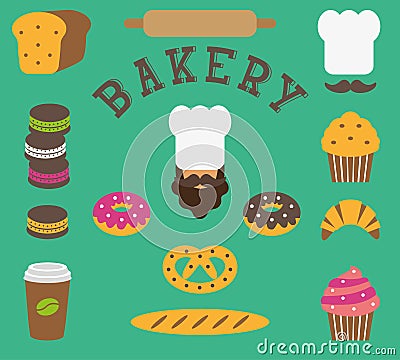 Set of bakery flat elements isolated - baker person, chef`s hat, moustache, bread, baguette, loaf, rolling pin, cake, macarons,cro Vector Illustration