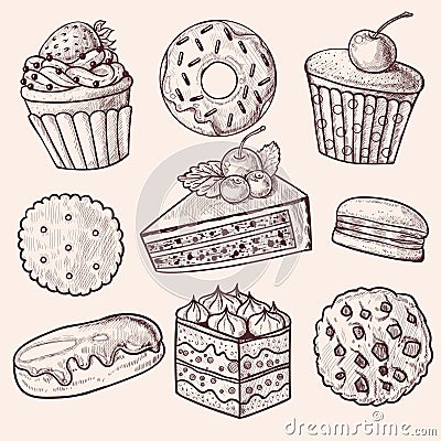 Set of bakery products and desserts. Vector Illustration