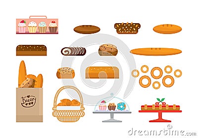 Set of bakery products and elite bread, sweets. Bakery showcase. Vector Illustration