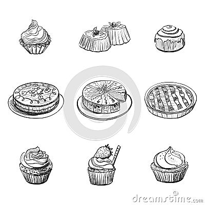 Set with bakery products, pastries , muffins, cakes. Food icons Vector Illustration