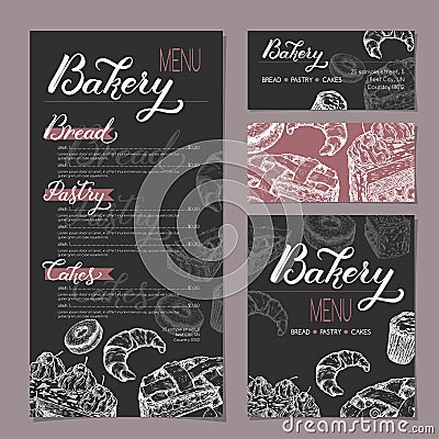 Set of bakery shop templates with menu, visit cards and reserved card based on sketch and lettering. Vector Illustration