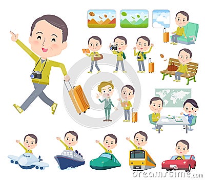 A set of bald Middle age man in sportswear on travel Vector Illustration
