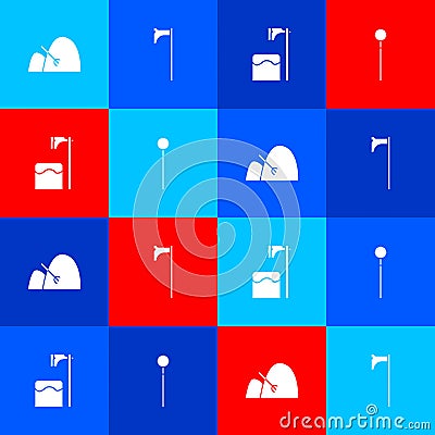 Set Bale of hay and rake, Medieval axe, Executioner in tree block and chained mace ball icon. Vector Vector Illustration