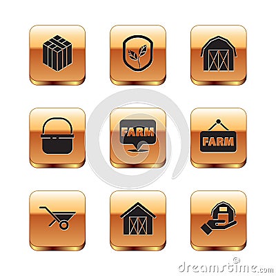 Set Bale of hay, Wheelbarrow, Farm house, Location farm, Basket, in hand and Shield with leaf icon. Vector Vector Illustration