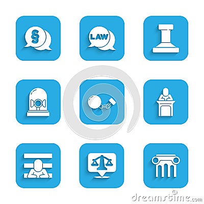 Set Ball on chain, Scales of justice, Law pillar, Judge, Prisoner, Flasher siren, Stamp and icon. Vector Vector Illustration