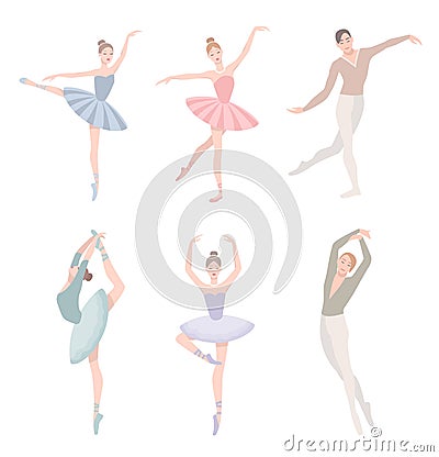 Set of ballet dancer. Vector illustration in flat style. Girl and guy in tutu dress, different choreographic position Vector Illustration