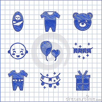 Set Balloons in form of heart, Carnival garland with flags, Gift box, Baby clothes, Happy little boy head, Teddy bear Vector Illustration