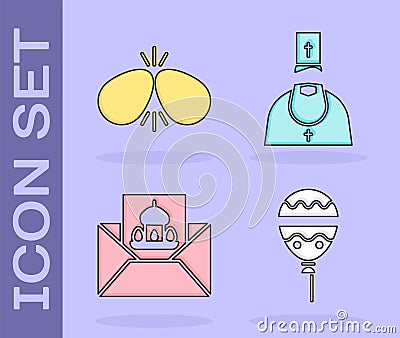 Set Balloons with ribbon, Easter eggs, Greeting card with Happy Easter and Priest icon. Vector Vector Illustration