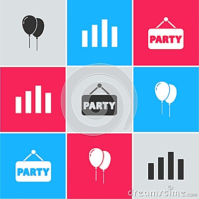 Set Balloons with ribbon, Music equalizer and Signboard party icon. Vector Vector Illustration