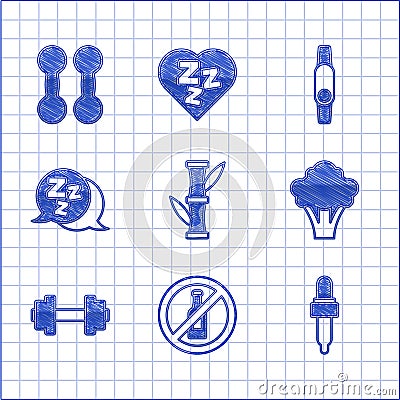 Set Bamboo, No alcohol, Pipette with oil, Broccoli, Dumbbell, Sleepy, Smartwatch and icon. Vector Vector Illustration