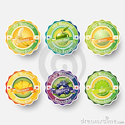 Set of banana, green apple, melon, cantaloupe, pineapple, blueberry, lime, juice,smoothie, milk, cocktail and fresh labels splash. Vector Illustration