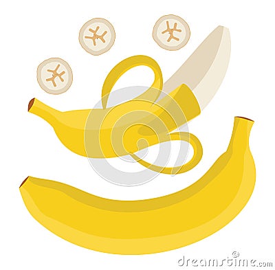 Set of bananas. Single banana. Peeled banana and sliced b Vector Illustration