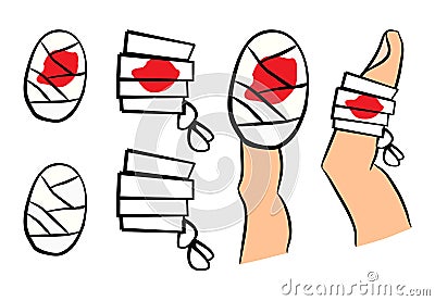 Set of bandage with red blood puddle. Medical equipment in different shapes single and on finger. Vector illustration on Vector Illustration